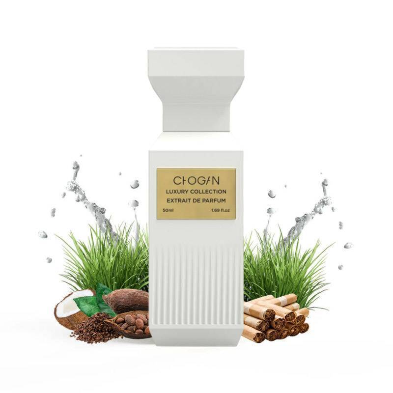 Parfum Chogan 143 mixte vanille palo santo flacon blanc mat texture 50ml avec noix de coco bois de palo santo herbes sur fond blanc