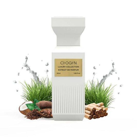 Parfum Chogan 143 mixte vanille palo santo flacon blanc mat texture 50ml avec noix de coco bois de palo santo herbes sur fond blanc