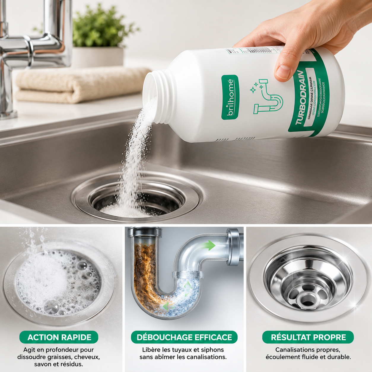 Turbodrain BrilHome - Deboucheur Granules Super Concentre pour Canalisations